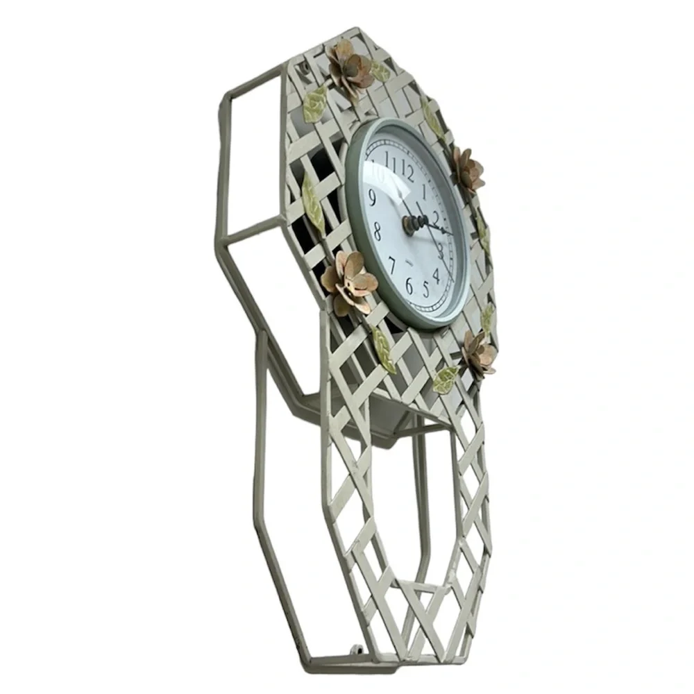 Vintage Kirch | Wall‎ Clock White/3D Floral Appliqué Metal Lattice